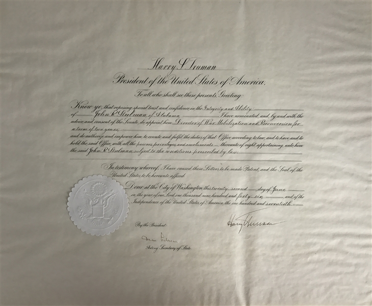 Harry Truman Signed 1946 Presidential Appointment (Beckett/BAS)