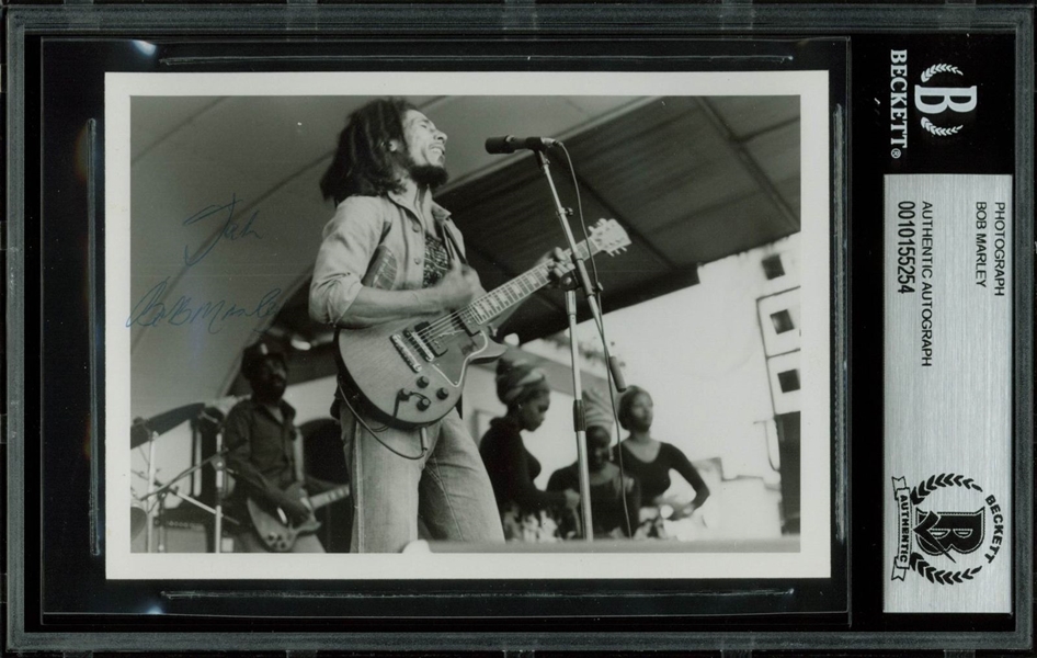 Bob Marley Incredible Signed 3.5" x 5" Black & White Onstage Photograph (BAS/Beckett Encapsulated)
