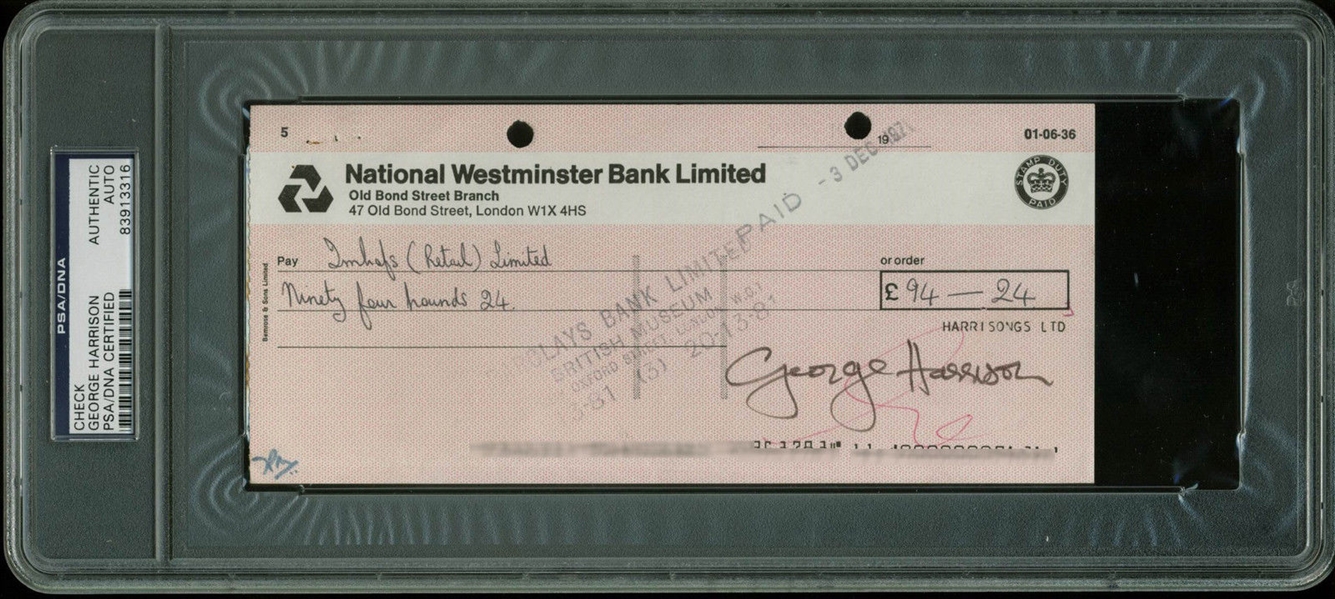 The Beatles: George Harrison Signed 1971 Bank Check (PSA/DNA Encapsulated)