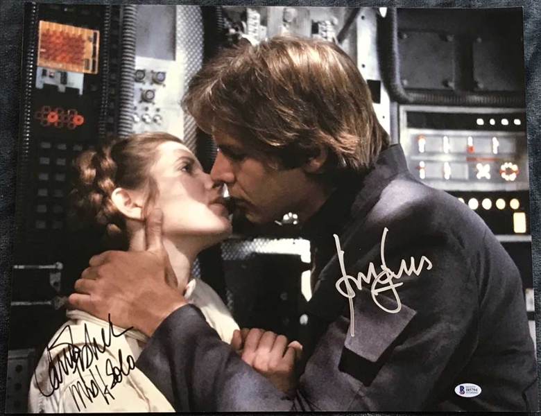 Harrison Ford & Carrie Fisher Rare Dual-Signed 16" x 20" Photograph w/ "Mrs. H. Solo" Inscription (BAS/Beckett)