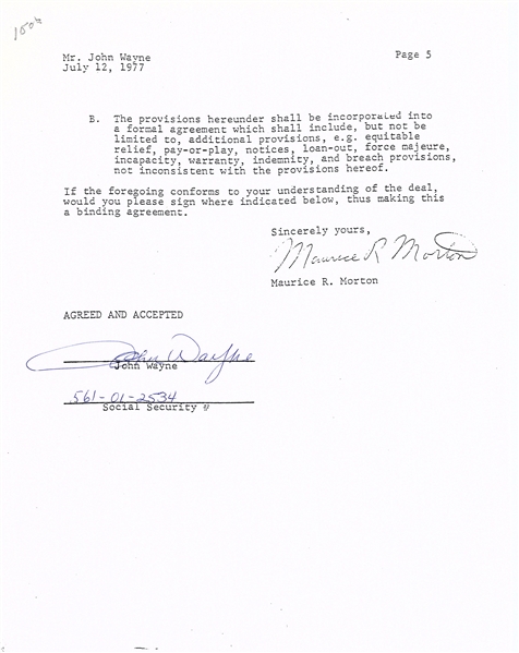 John Wayne Signed Five (5) Page 1978/79 ABC TV Specials Contract (JSA)