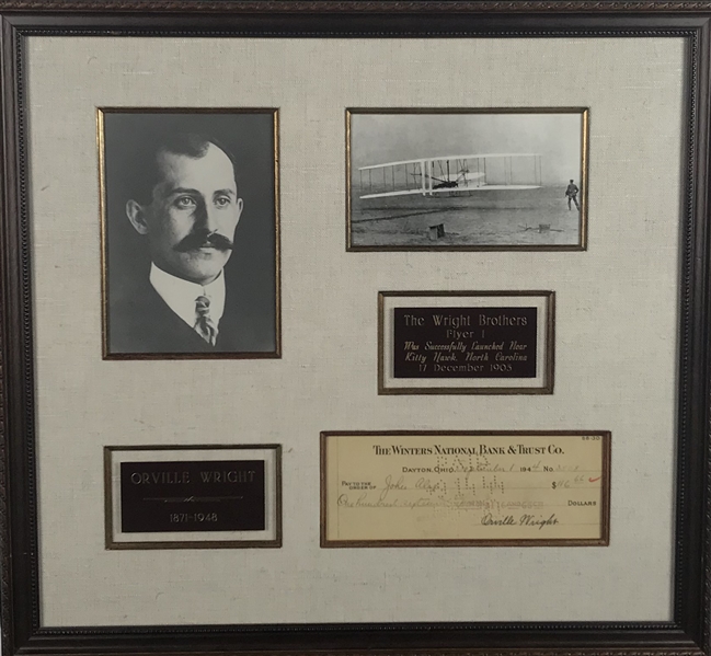 Orville Wright Signed 1944 Check Display (Beckett/BAS Guaranteed)