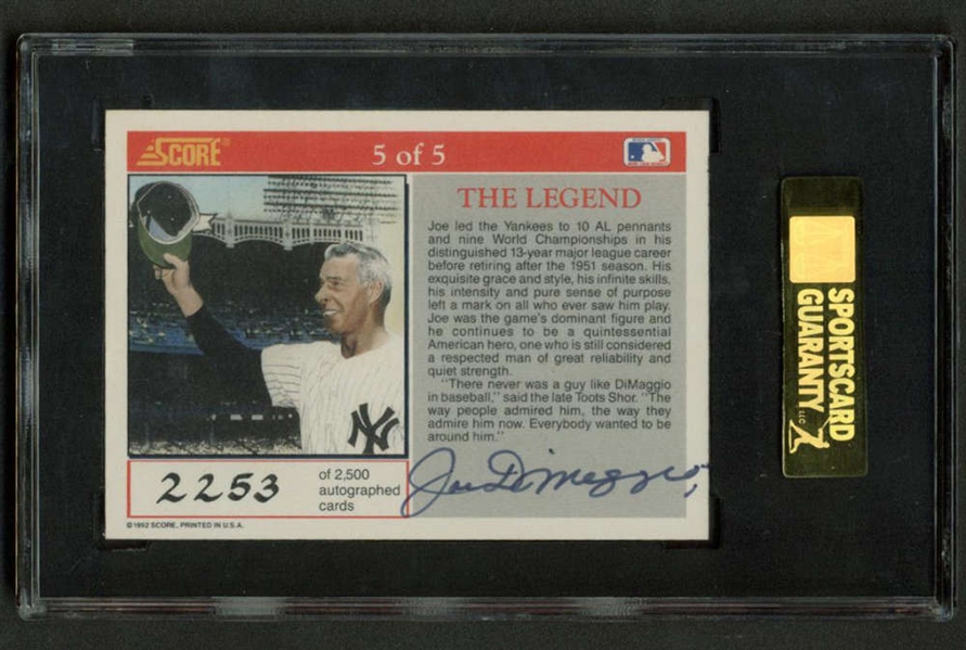 1992 Score #5 Joe DiMaggio The Legend Signed Baseball Card w/ Rare High Grade SGC 8.5