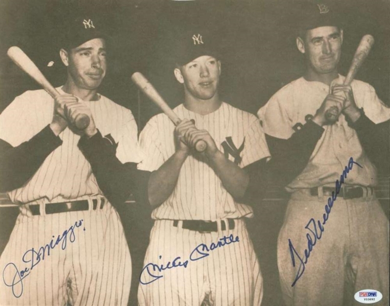 Mickey Mantle, Ted Williams & Joe DiMaggio Near-Mint Signed 8" x 10" B&W Photo (PSA/DNA)