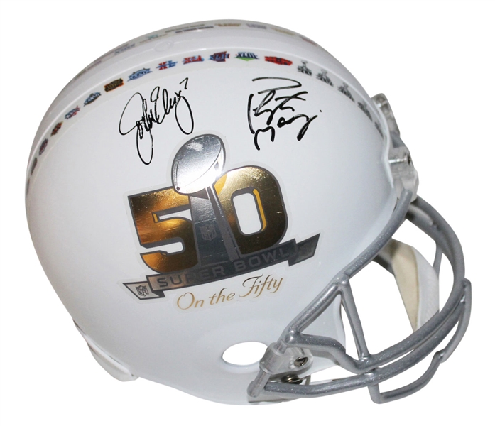 Broncos QBs: Peyton Manning & John Elway Dual-Signed Full-Sized SB 50 Helmet (JSA)