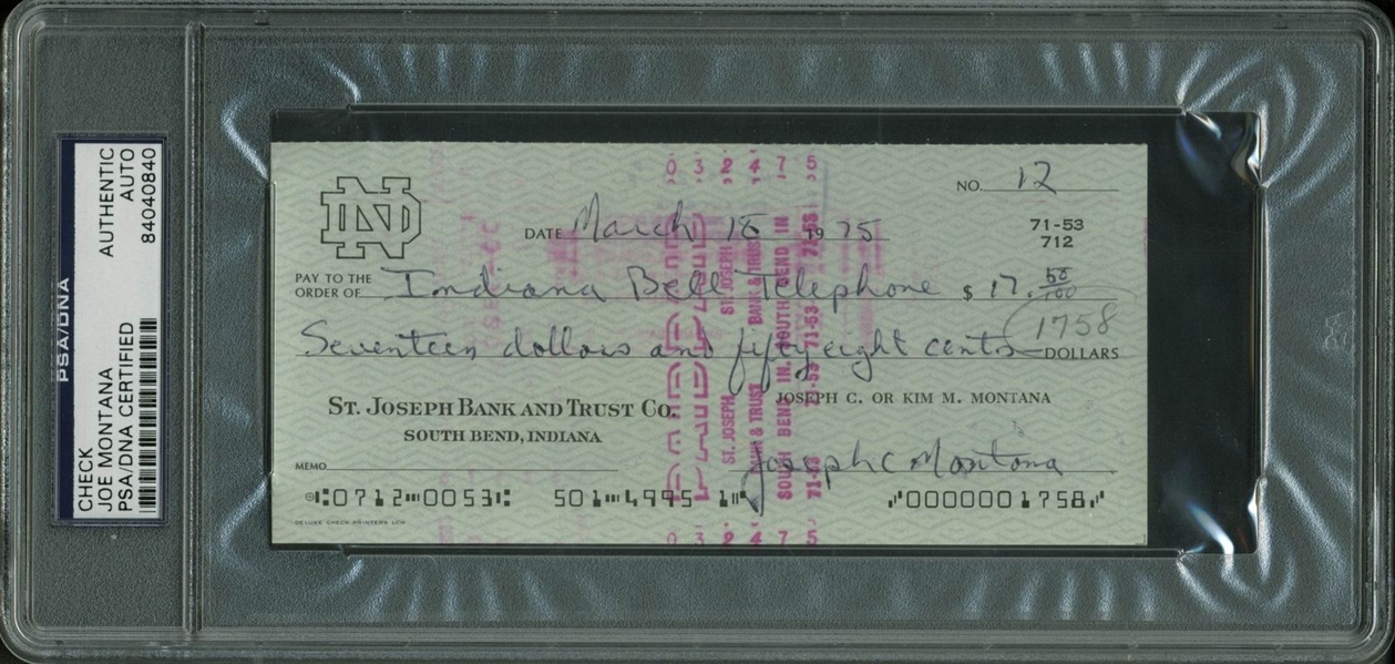 Joe Montana Signed 1975 Bank Check (PSA/DNA Encapsulated)
