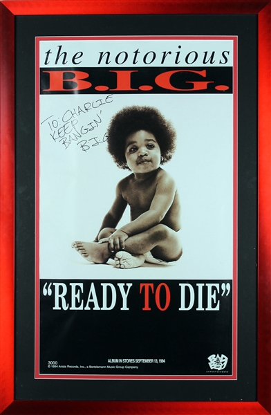 Notorious B.I.G. ULTRA RARE Signed Over-Sized 18" x 32" "Ready to Die" Poster in Framed Display (BAS/Beckett & JSA)