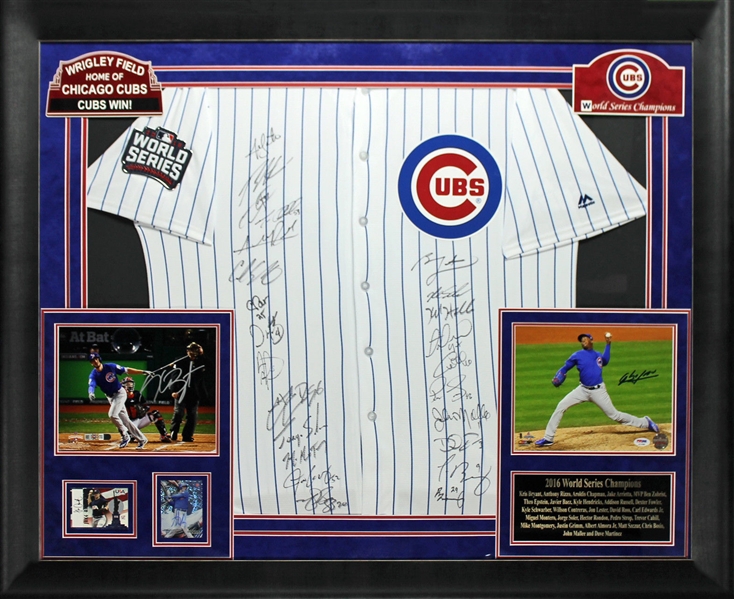 2016 W.S. Champion Chicago Cubs Team-Signed Jersey in Custom Framed Display (BAS/Beckett)