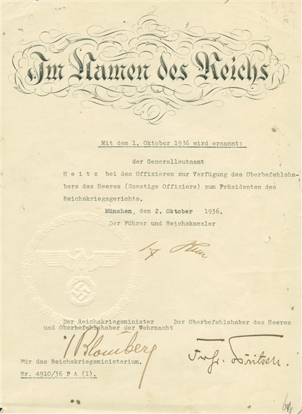 Adolf Hitler Signed 1936 Nazi Document w/ Exceptional Signature! (JSA)