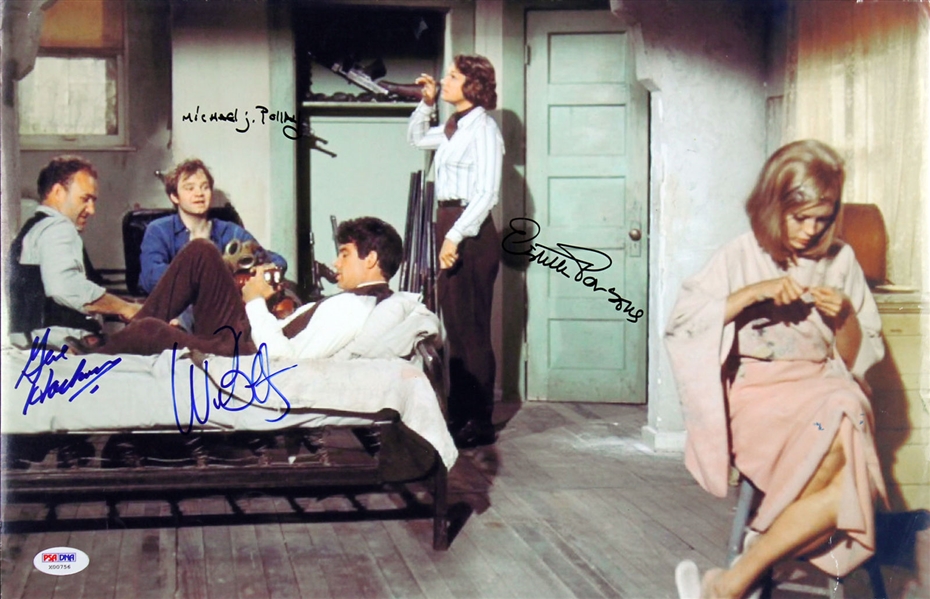 Bonnie & Clyde Rare Cast Signed 11" x 17" Color Photo w/ Beatty, Pollard, Parsons & Hackman (PSA/DNA)