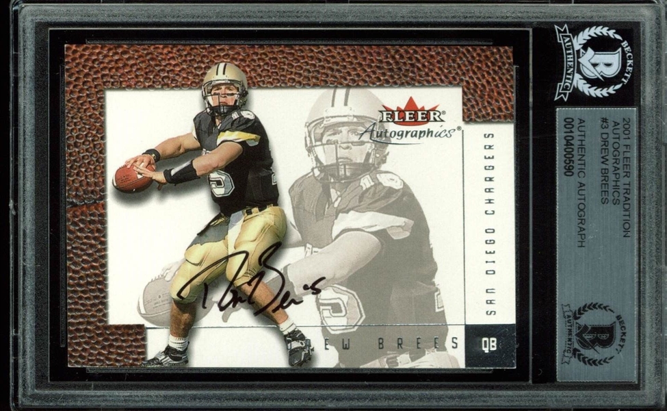 Drew Brees Signed 2001 Fleer Tradition Autographics #3 Rookie Card (BAS/Beckett Encapsulated)q