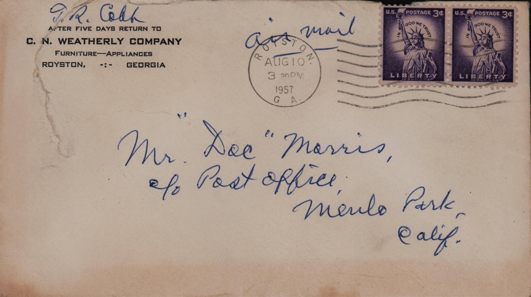 Ty Cobb Signed & Hand Written 1957 Personal Mail Envelope (PSA/DNA)