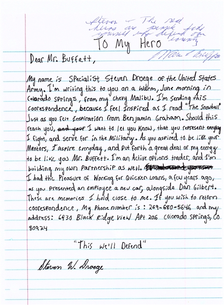 Warren Buffett Rare Signed & Hand Written Letter Response (Beckett/BAS)