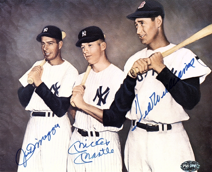 Ted Williams, Joe DiMaggio & Mickey Mantle Rare Signed 8" x 10" Color Photograph (PSA/DNA)