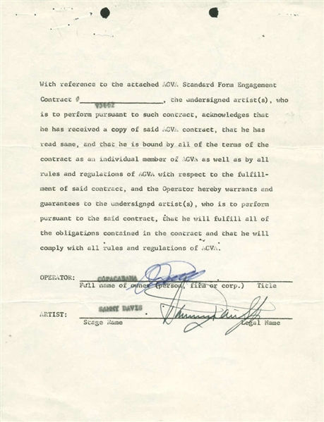 Sammy Davis Jr. Vintage Signed Copacabana Contract! (JSA)