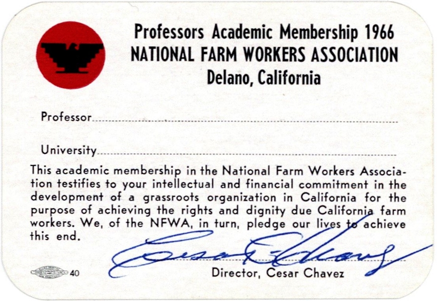 Cesar Chavez Near-Mint Signed 1966 National Farm Workers Membership Card (Beckett/BAS)