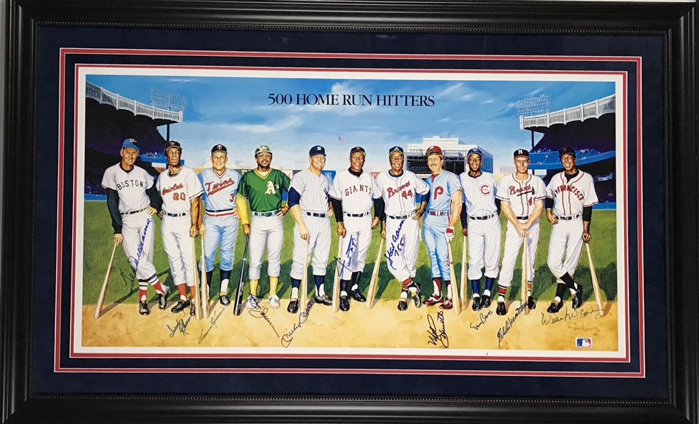 500 Home Run Club Signed & Framed Ron Lewis Art Poster (11 Sigs) w/Mantle, Williams, etc. (PSA/DNA)