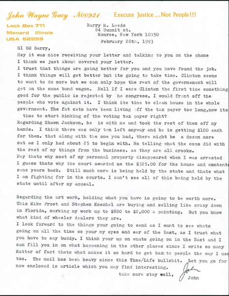 John Wayne Gacy Rare Signed 1993 Typed Letter (Beckett/BAS Guaranteed)