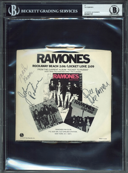 The Ramones Group Signed "Rockaway Beach/Locket Love" 45 Single Album Cover (BAS/Beckett Encapsulated)