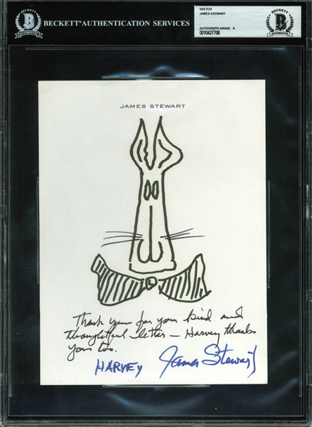 James Stewart Signed 6.5" x 8.5" Album Page w/ Harvey Sketch! (BAS/Beckett Graded MINT 9)