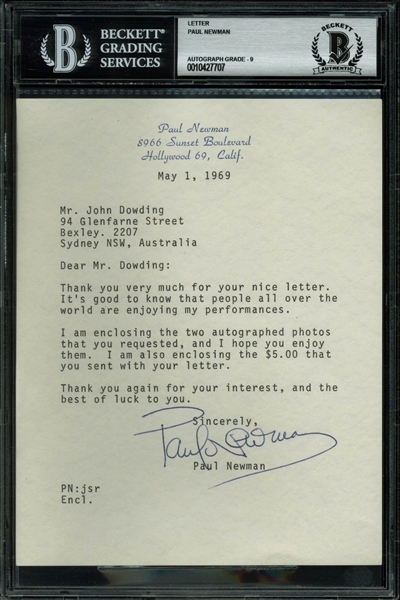 Paul Newman Typed & Hand-Signed Letter on Personal Letterhead (BAS/Beckett Encapsulated)