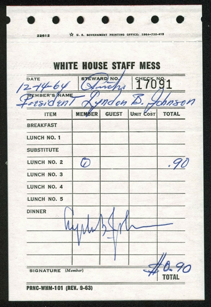 President Lyndon B. Johnson Signed White House Mess Hall Receipt (PSA/DNA)