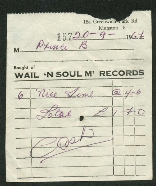 Bob Marley 1967 Handwritten Wail N Soul M Receipt for "Nice Time" Single (REAL/Epperson)
