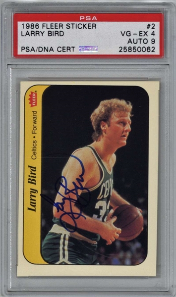 Larry Bird Signed 1986-87 Fleer Basketball Sticker Card #2 (PSA/DNA Graded MINT 9)