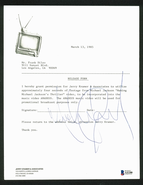 Michael Jackson Rare Signed 1985 Release Form for "Thriller" Music Video! (BAS/Beckett)