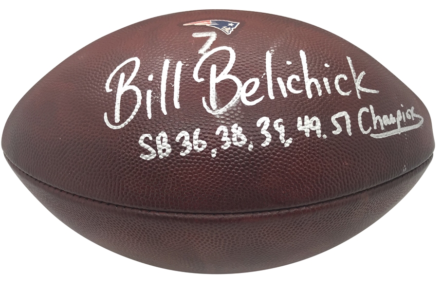 Bill Belichick Signed & Inscribed "SB 36, 38, 39, 49, 51 Champions!" Game Used NFL Football (Beckett)