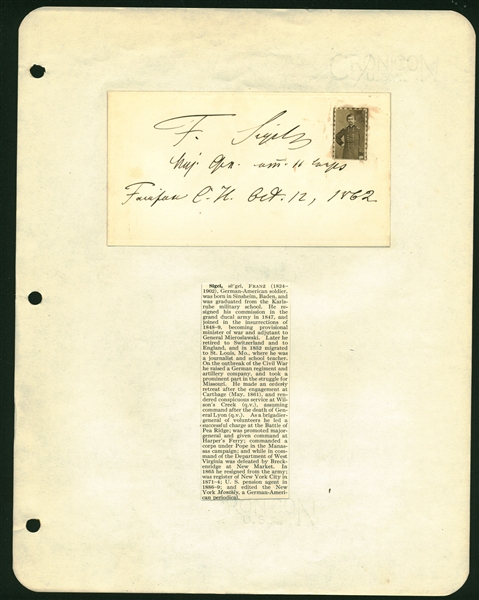 Major General Franz Sigel Signed 3" x 5" Index Card (Beckett/BAS Guaranteed)