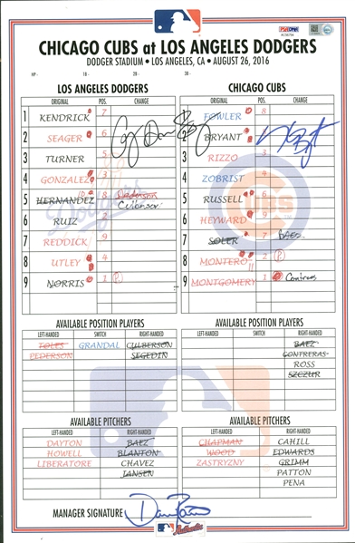 Corey Seager & Kris Bryant Signed & Game Used 2016 Lineup Card (MLB & PSA/DNA)