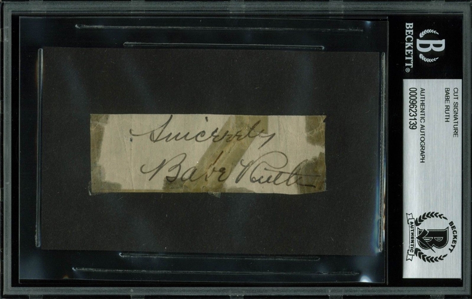 Babe Ruth Steel Tip Signed 1.25" x 3.5" Album Page (BAS/Beckett Encapsulated)