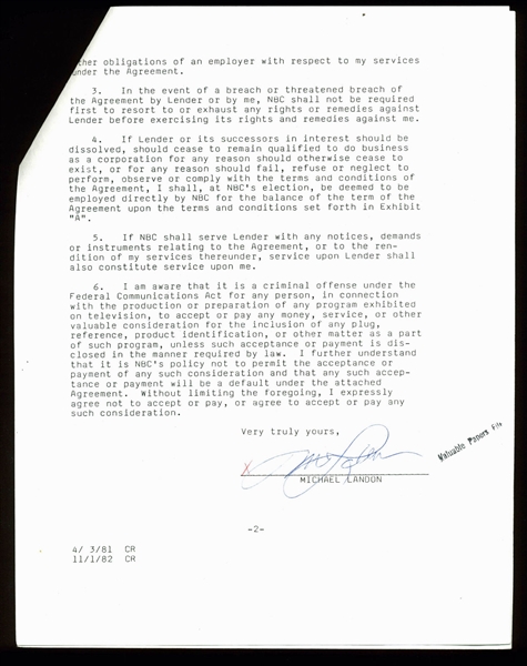 Michael Landon Signed 1982 Contract Relating to Bonanza (PSA/DNA)