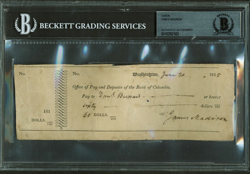 President James Madison Handwritten & Signed Bank Check (Beckett/BAS Encapsulated)