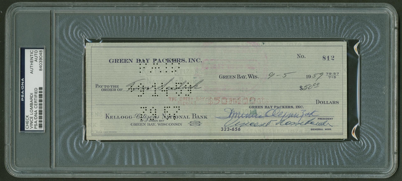 Vince Lombardi Signed 1959 Green Bay Packers Bank Check (PSA/DNA Encapsulated)