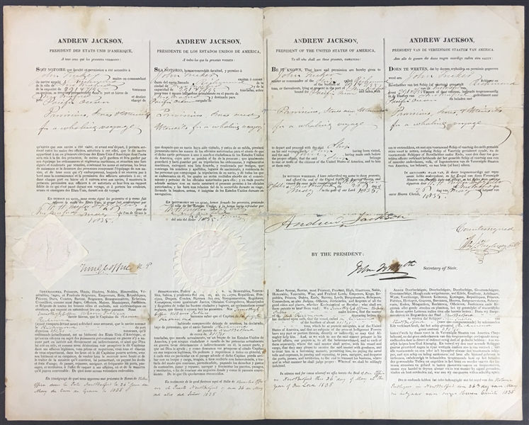 President Andrew Jackson Signed Rare 1835 4-Language Whaling Ship Papers (PSA/DNA)