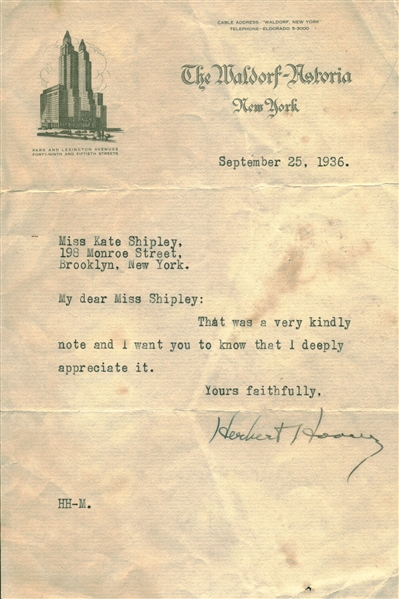 Herbert Hoover Signed 1936 Typed Letter (Beckett/BAS Guaranteed)
