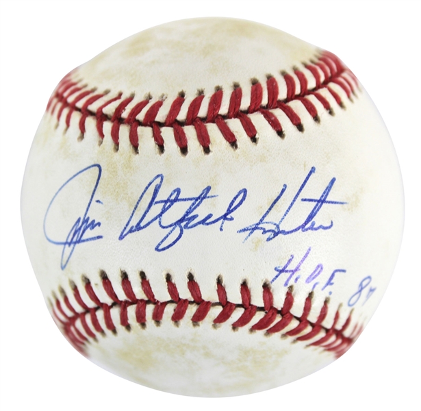 Jim "Catfish" Hunter Signed OAL Baseball w/ "HOF 87" Inscription (JSA)