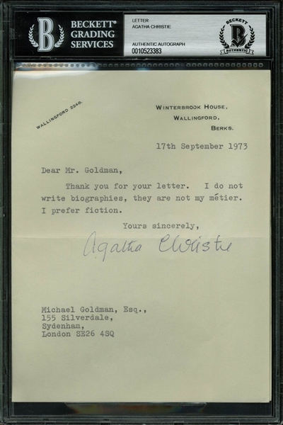 Agatha Christie Typed & Hand Signed 1973 Letter (BAS/Beckett Encapsulated)