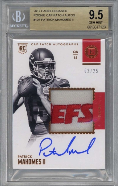 Patrick Mahomes Signed 2017 Panini Encased #107 Rookie Patch Card - BGS Graded 9.5 w/ 10 Auto!