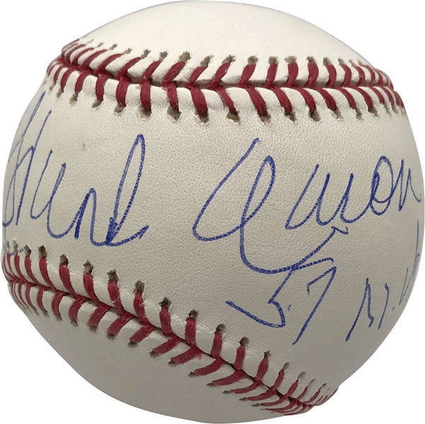 Hank Aaron Signed OML Baseball w/ Rare "57 MVP" Inscription (PSA/DNA & Steiner)