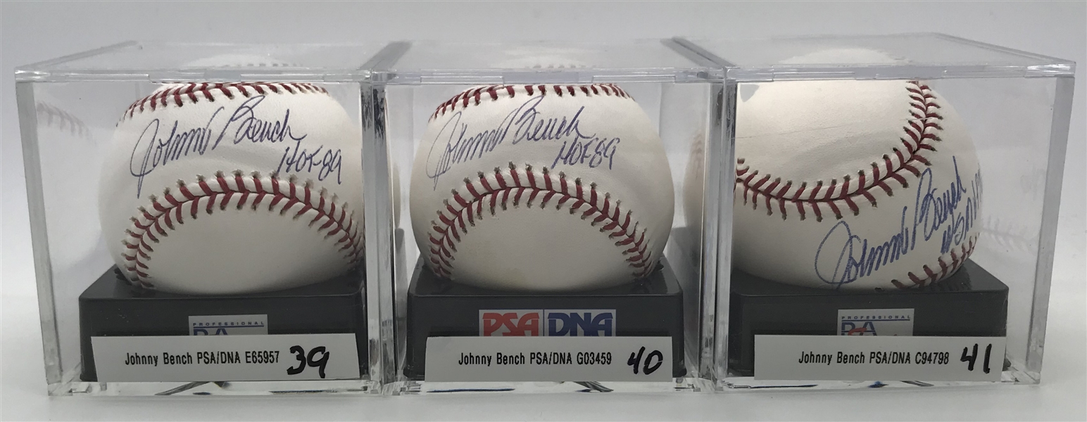 Lot of Three (3) Johnny Bench Signed & Inscribed "HOF 89" Baseballs PSA/DNA Graded 9.5 & GEM MINT 10!