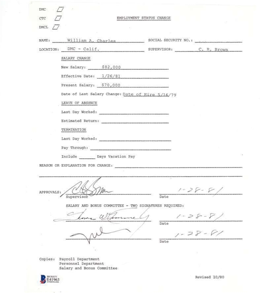 John DeLorean Signed 1981 DeLorean Motor Company Payroll Document (BAS/Beckett)
