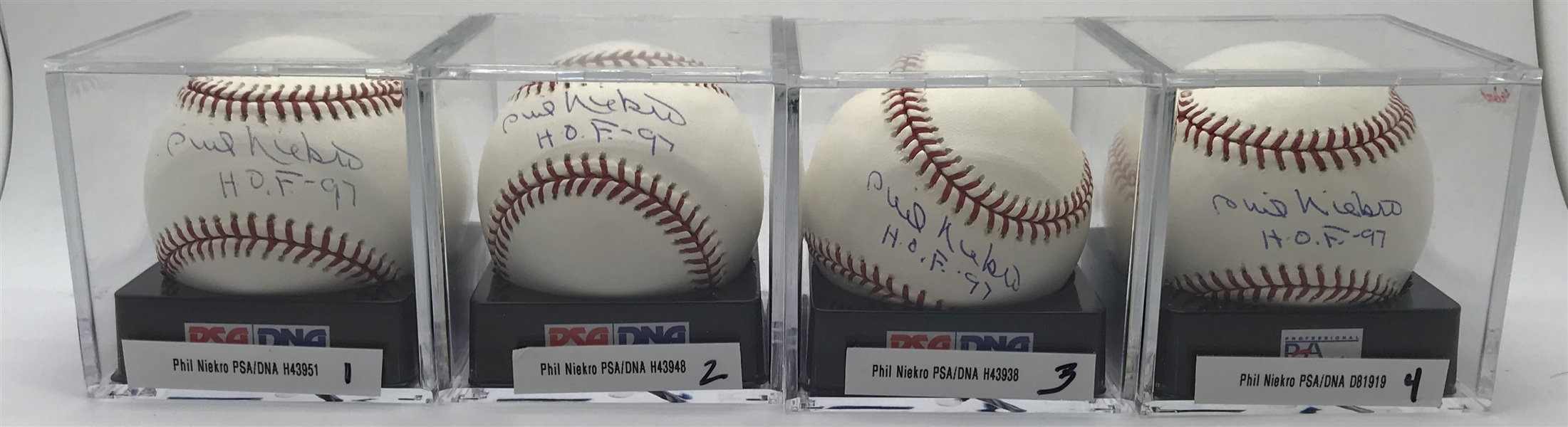 Lot of Four (4) Phil Niekro Signed OML Baseballs w/ "HOF 97" Inscription PSA/DNA Graded GEM MINT 10!