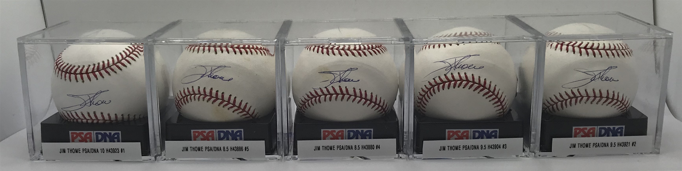 Lot of Five (5) Jim Thome Signed OML Baseballs PSA/DNA Graded 8.5, 9.5 & GEM MINT 10!