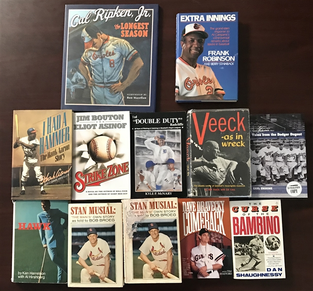 Lot of Twelve (12) MLB Stars Signed Books w/ Ripken Jr., Aaron, Musial & Others (Beckett/BAS Guaranteed)