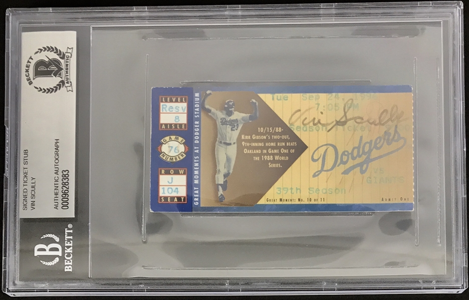 Vin Scully Signed Dodgers 1996 Game Ticket (Beckett/BAS Encapsulated)