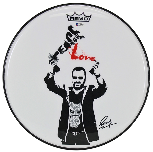 The Beatles: Ringo Starr Signed Custom Remo "Peace & Love" Drumhead (Beckett/BAS)