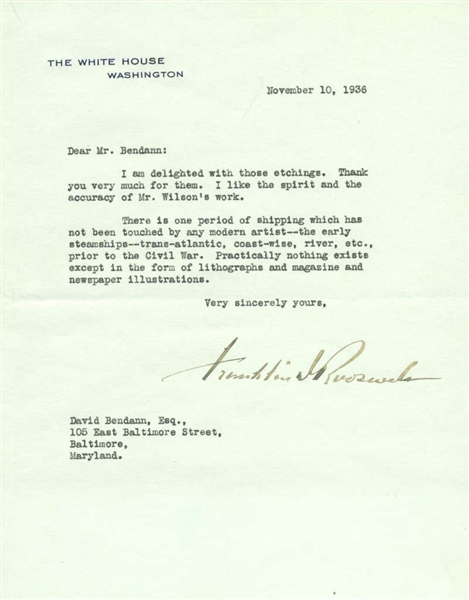 President Franklin D. Roosevelt Signed White House Letter as President (1936)(BAS/Beckett)